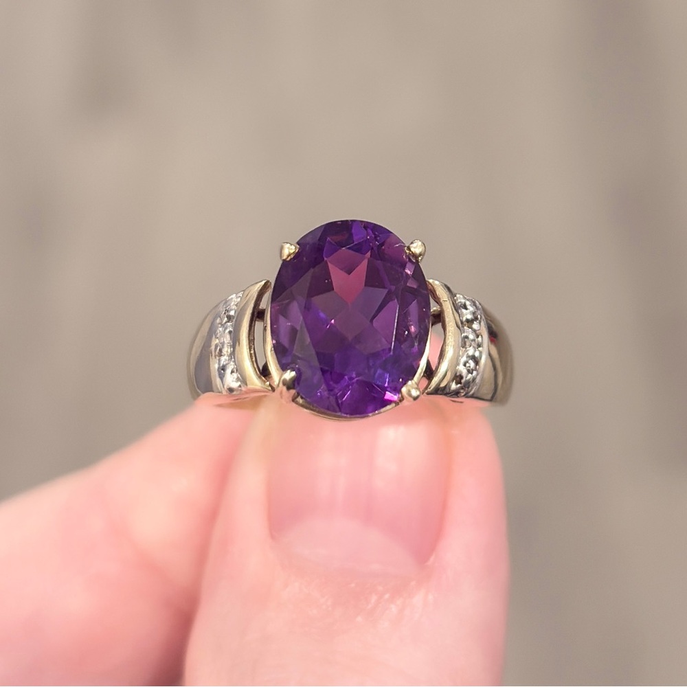 Vintage 10K Amethyst Ring: Diamond Accent Oval Solitaire Open Setting Size 6.75 - Picture 4 of 16